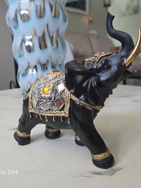 Source Unknown Black and Gold Jeweled Elephant Figurine